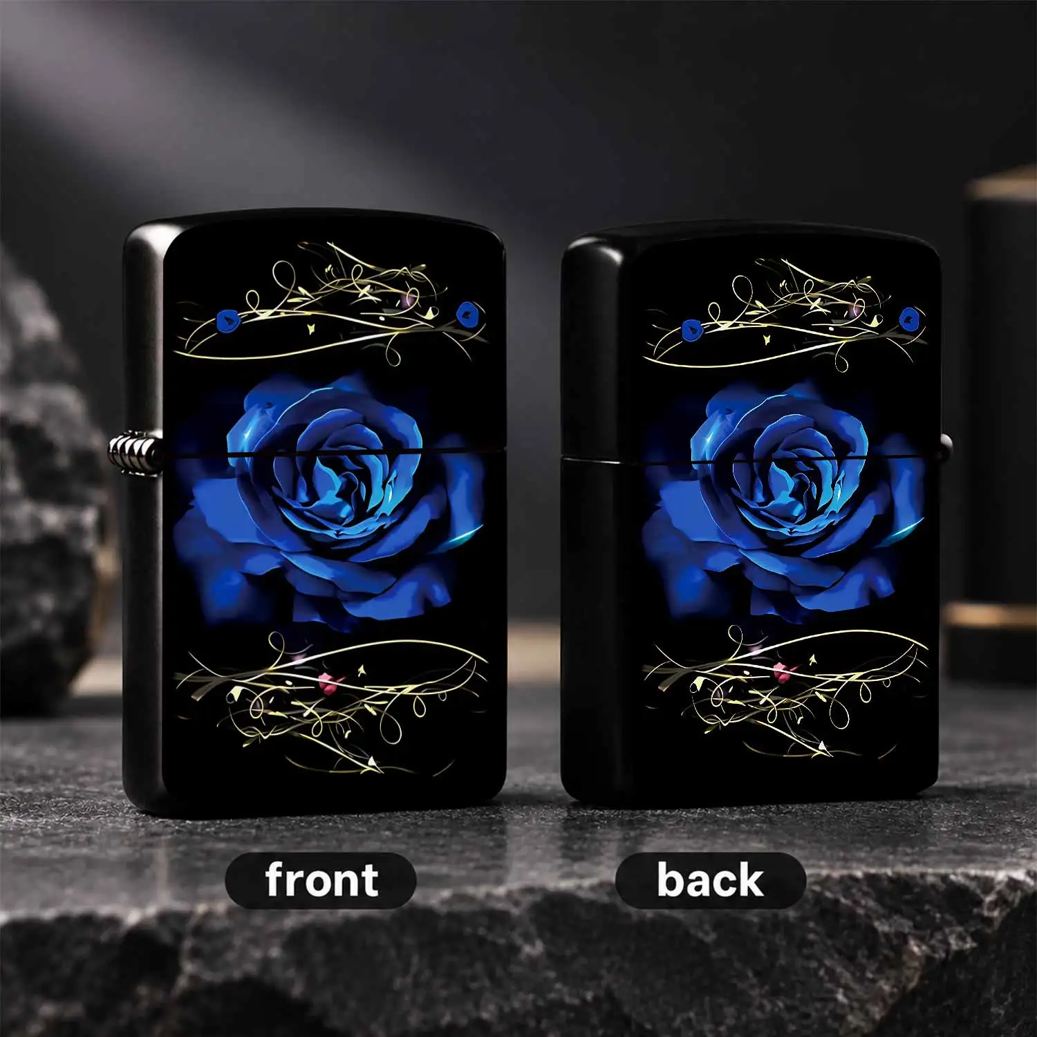 Exquisite Blue Rose Pattern Lighter, Gorgeous Golden Swirl Decor, Elegant Art Craft, Ideal for Daily Use, Gifting,, All Occasions, Stylish Portable Accessory for Men Women, Unique Decorative Present for Birthday Holiday  A Humorous And Inte