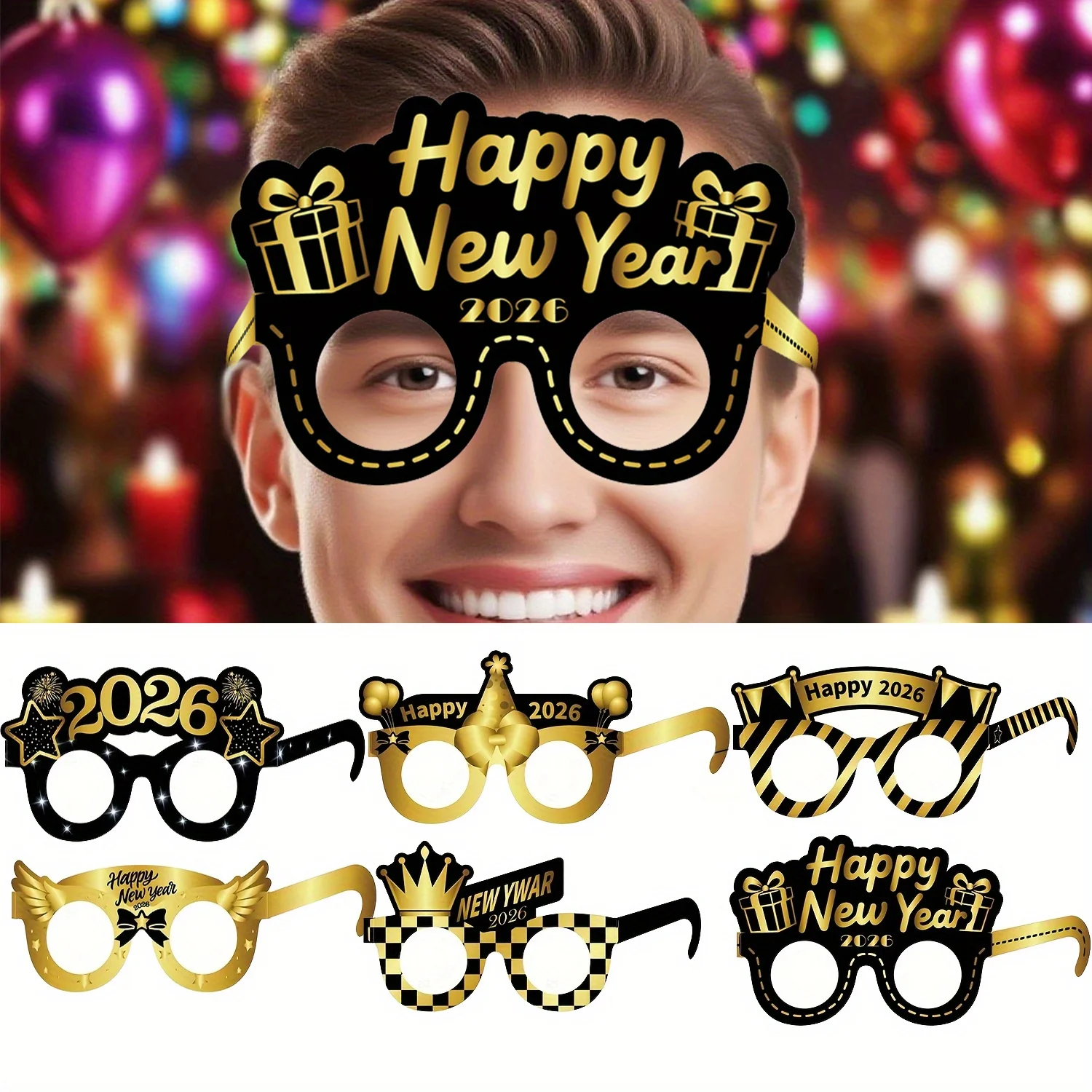 6 Stück 2026 Neujahrsparty-Brille, golden, schwarz, mit Konfetti gefüllt, glücklich, 2026 Banner, Papiergläser, Party-Dekoration, Foto-Requisiten