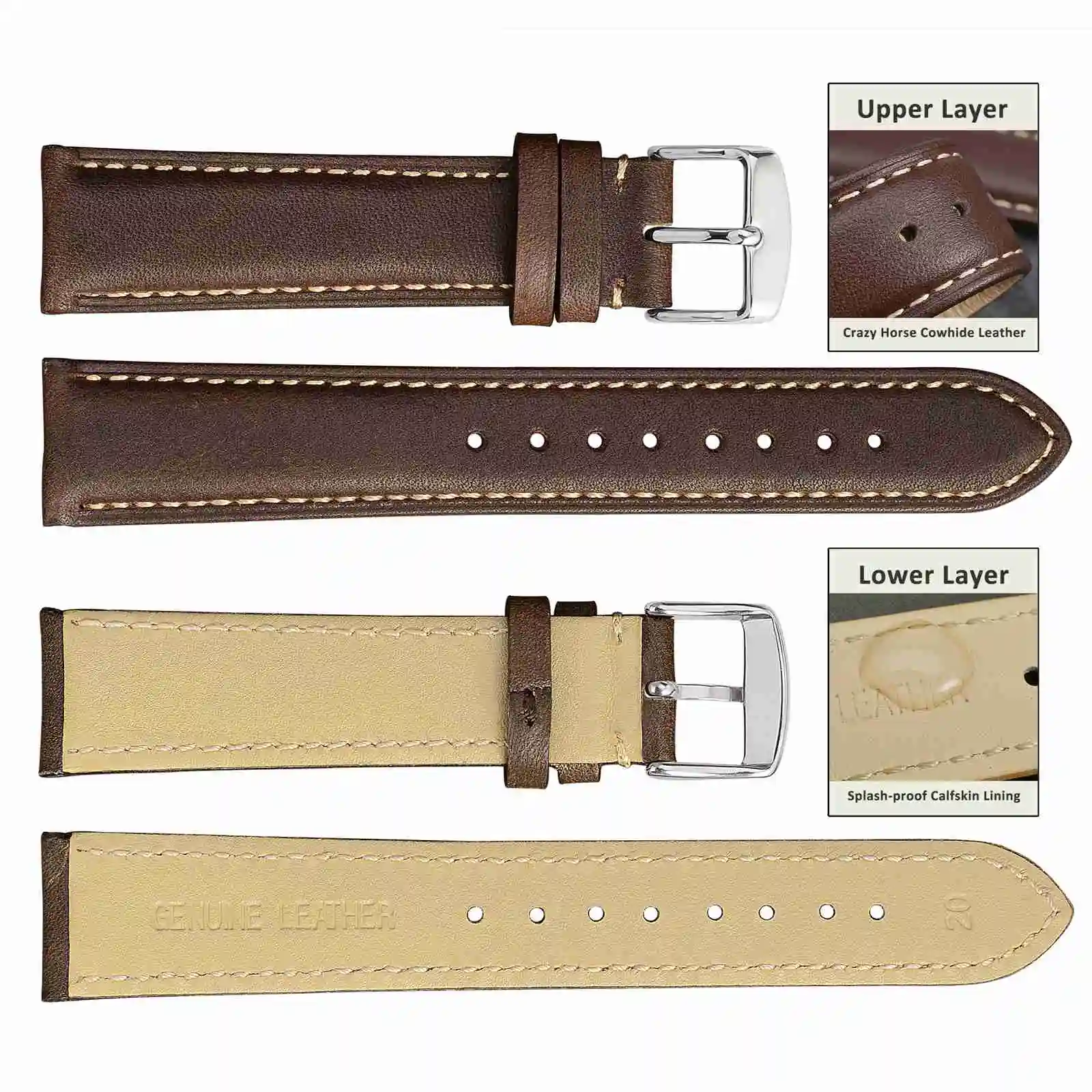 WOCCI Genuine Leather Watch Strap 14mm 15mm 16mm 17mm 18mm 19mm 20mm 21mm 22mm 23mm 24mm Replacement Bands for Men Women