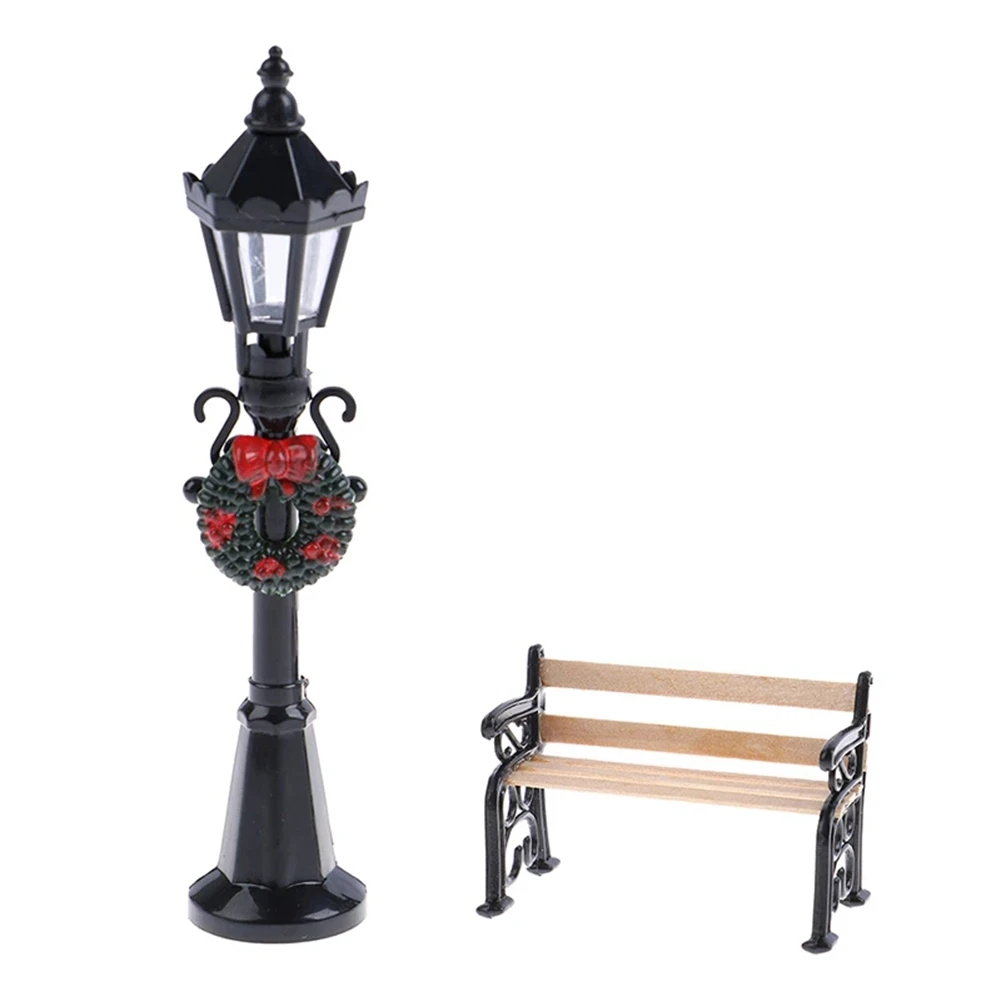 REST 2Pcs 1/12 Dollhouse Miniature Christmas Park Street Lamp & Bench Doll Garden Decor Garden Furniture Miniature Decor Toy