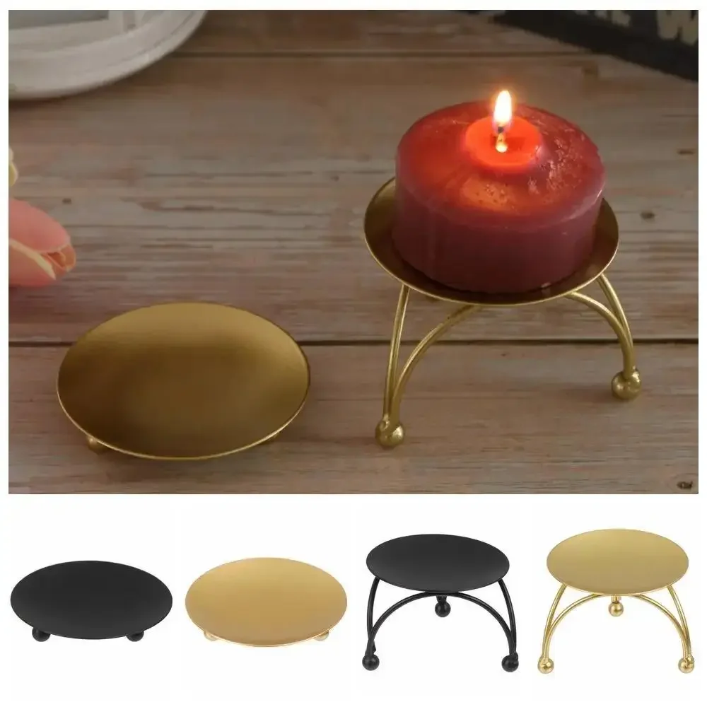 1PC Vintage Black Gold Round Plate Candlestick Wrought Iron Craft Candelabra Wedding Festival Party Candle Holder Supplies