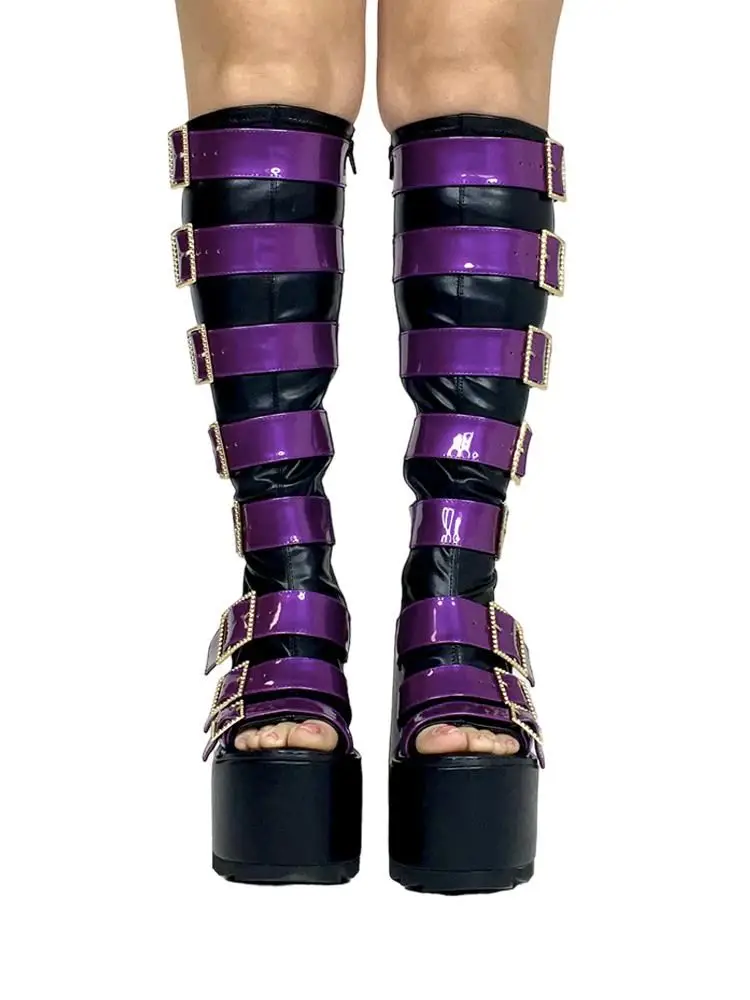 Punk Style Purple Round Toe Belt Buckle Knee-High Women Sandals Boots Wedges High Heels Buckle Strap Design Large Size Shoes