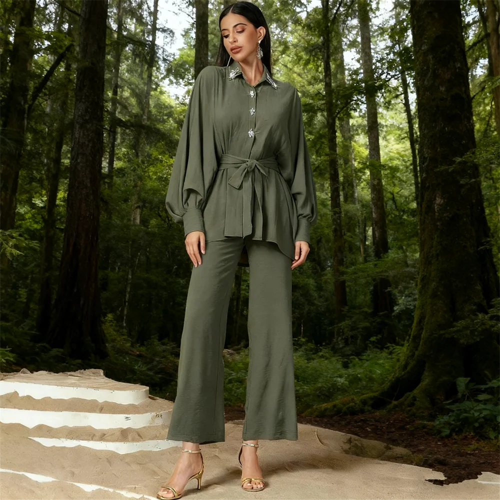 

2PCS Diamonds Muslim Sets for Women Shirt Pants Suit Dubai Abayas Turkey Kaftan Outfits Islam Clothing Femme Musulmane Ensembles