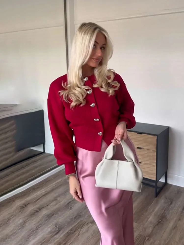 HH Women Fashion Solid Tops Heart-shaped Buttons Cardigans Female Spring Casual Long Sleeve O-Neck Knitting Sweaters Coats