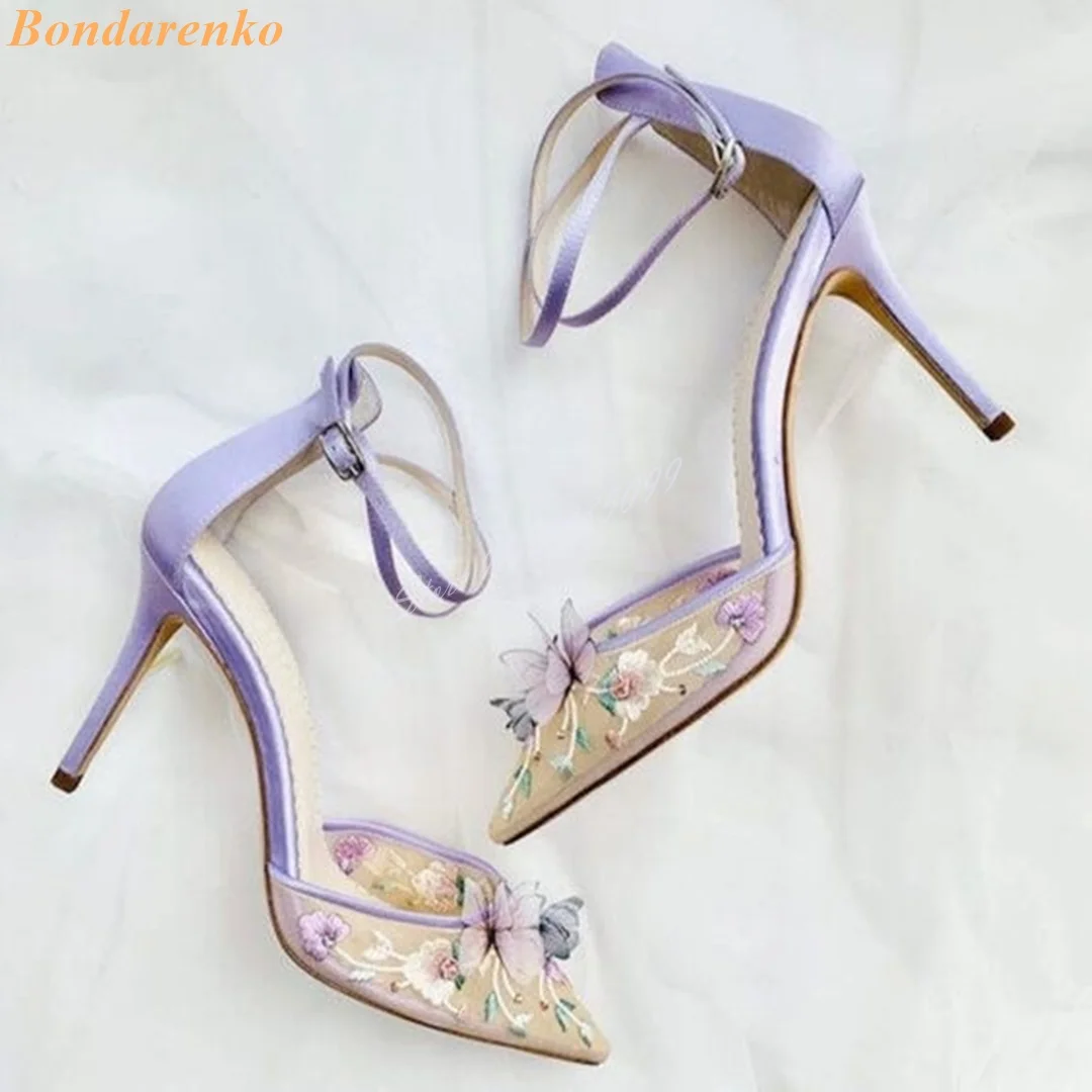 Sexy Butterfly Mesh Sandals New Style Buckles Straps Pointy Toe Women Sandals Designer Shoes Chunky High Heels Printed Summer