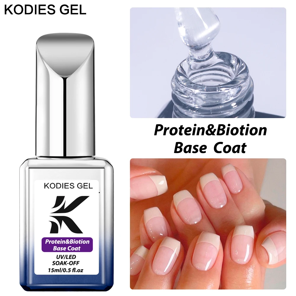 KODIES GEL Protein Biotion Base Coat Gel Nail Polish HEMA Free 15ml Thick Repair Base Gellak UV White Glitter Nails Art Manicure