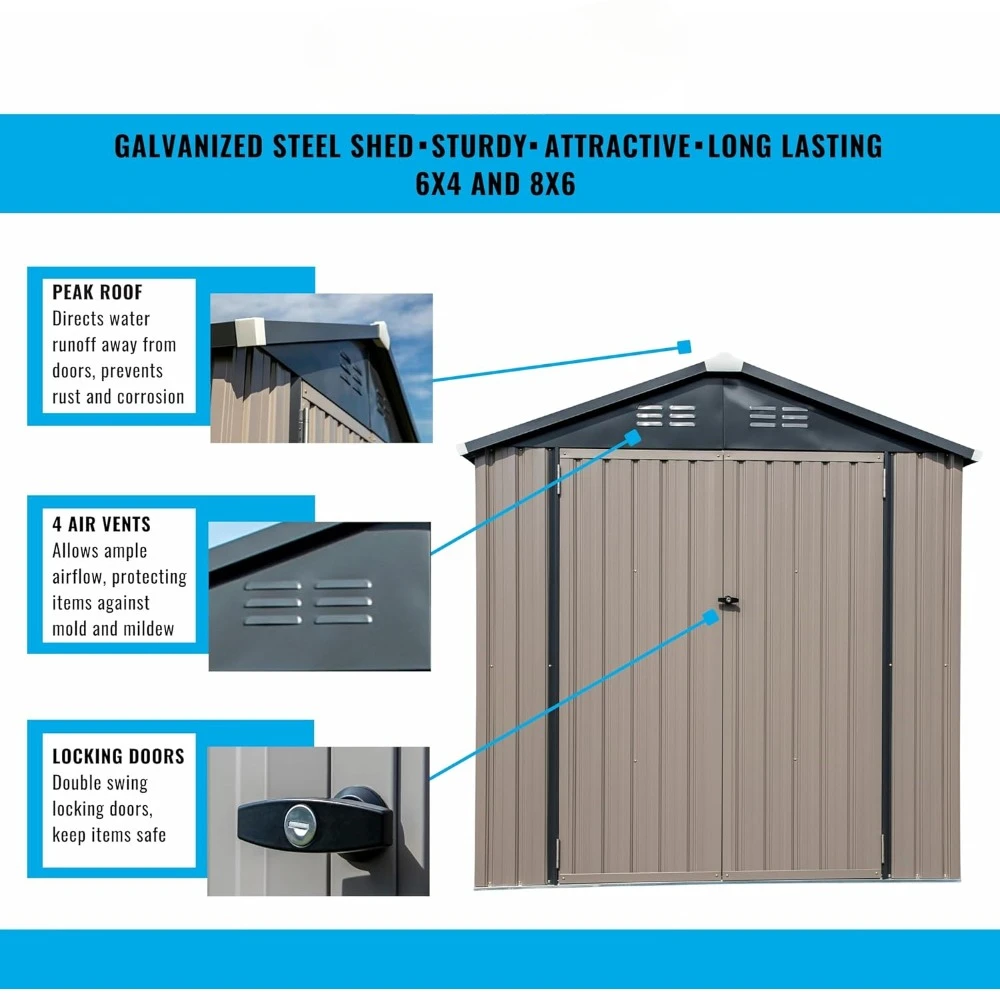 8x6 Metal Outdoor Galvanized Steel Storage Shed with Swinging Double Lockable Doors for Backyard or Patio Storage of Bikes, Tool