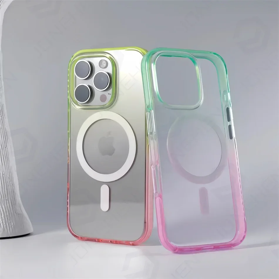 Dual Color Gradient Shockproof Bumper Magnetic Case Transparent For iPhone 16 15 14 13 Pro Max Wireless Charge Cover For Magsafe
