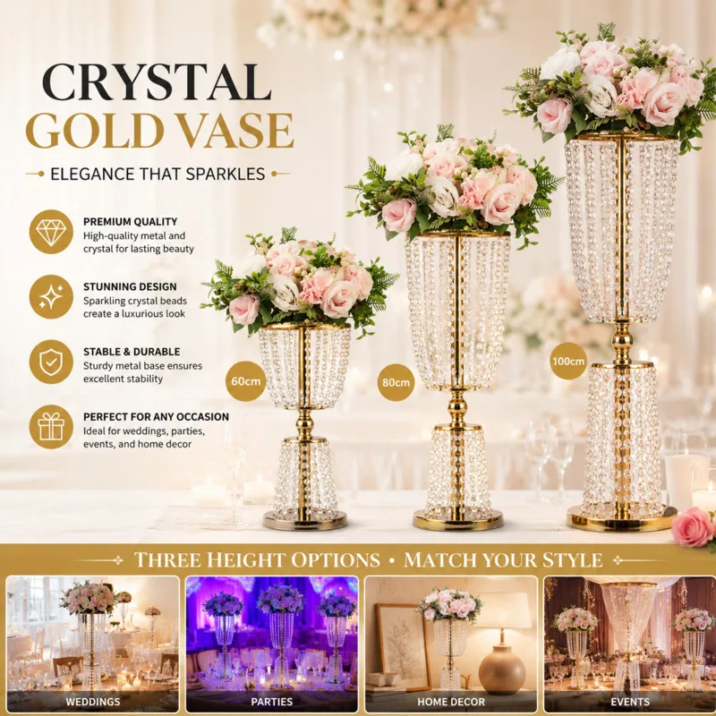 

Luxury Gold Electroplated Crystal Waist-shaped Flower Stand Wedding Centerpiece For Wedding Reception Hotel Banquet Table Decor