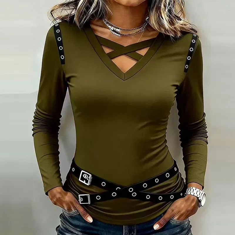 Sexy V Neck Crisscross Woman Blouses  Spring Eyelet Decor Slim Fit Streetwear T-shirt Autumn Long Sleeve Solid Top New Shirt
