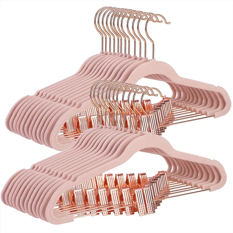 

10Pcs Flocked Hangers with Rose Gold Metal Clips - Multifunctional Home Organization Non-Slip Velvet Pants and Skirt Hangers