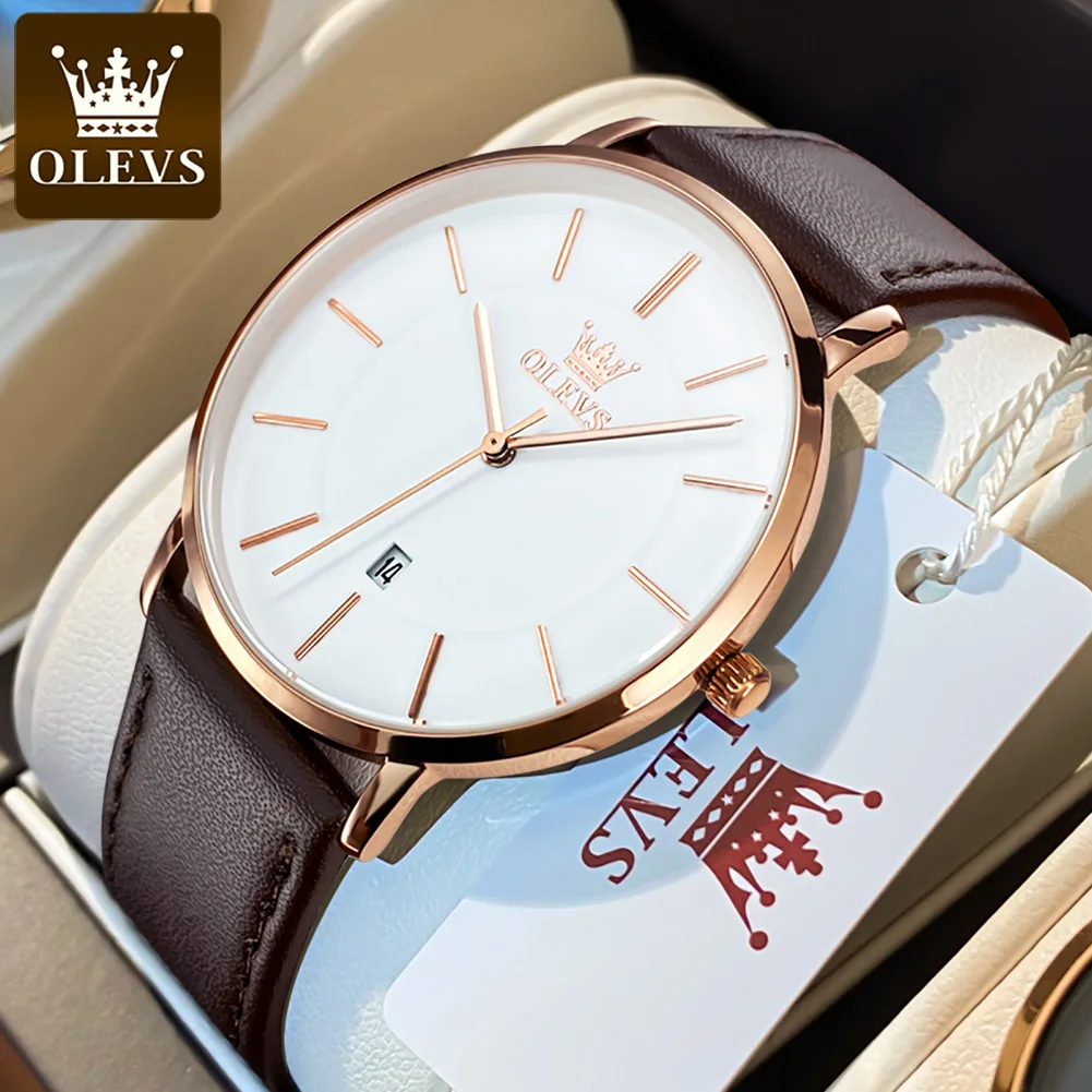 Top Brand OLEVS Ultra Thin 6.5mm Minimalist Fashion Quartz Watch for Men Leather Strap Auto Date Male Waterproof Mens Wristwatch