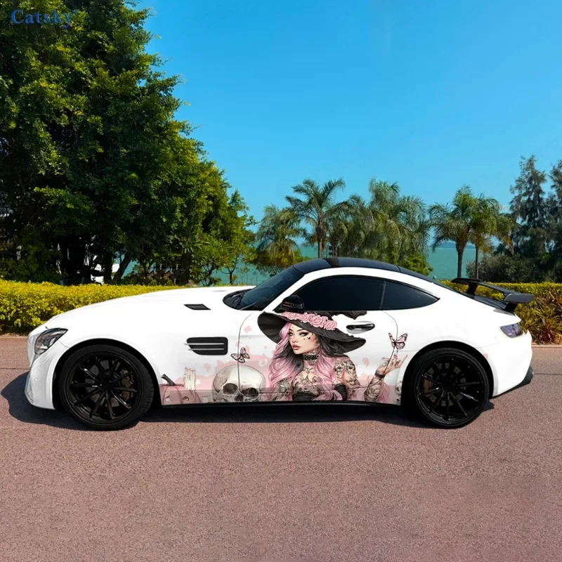2pcs.High-Quality Gothic Skull with Witch Tattoo Car Wrap Sticker, Suitable for Any Car Model, Decorative and Practical w