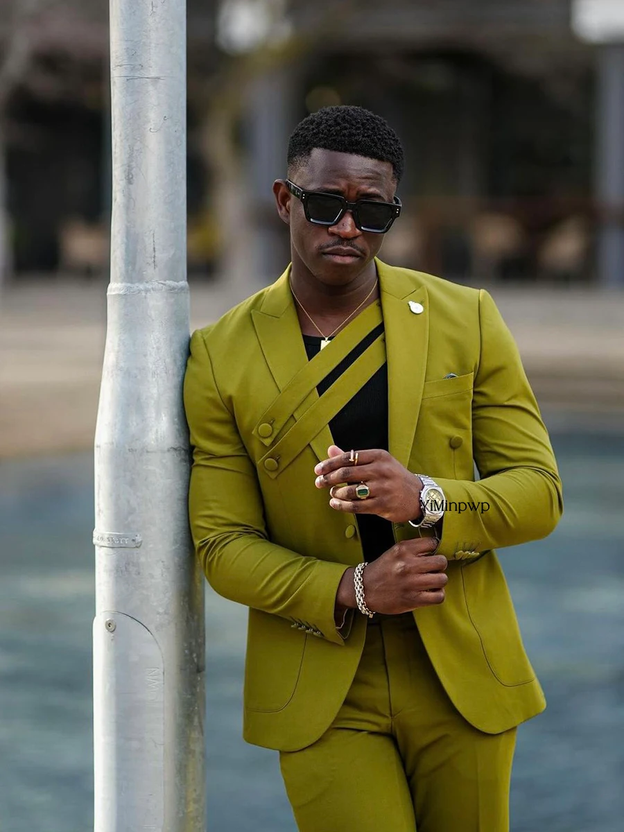 YiMinpwp Salie Groen Heren Pak Voor Man 2 Stuks Set Piek Revers Bruidegom Klassieke Gelegenheid Bruiloft Vakantie pak Tuxedo XS-5XL