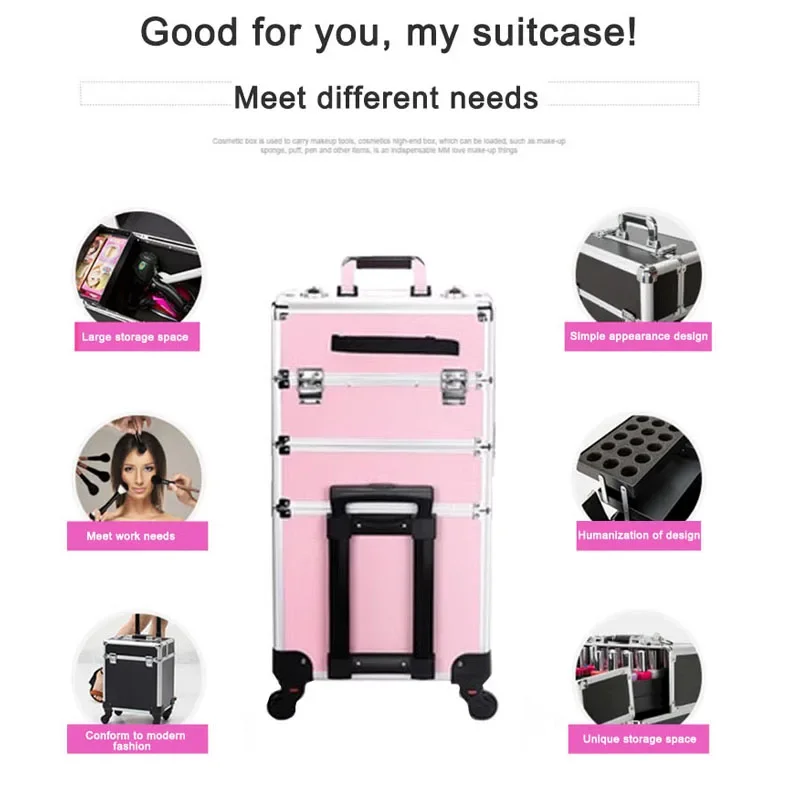 3 Layers Pull Rod Toolbox Portable Cosmetics Organizer Removable Makeup Box With Universal Wheel Large Capacity Nail Art Storage