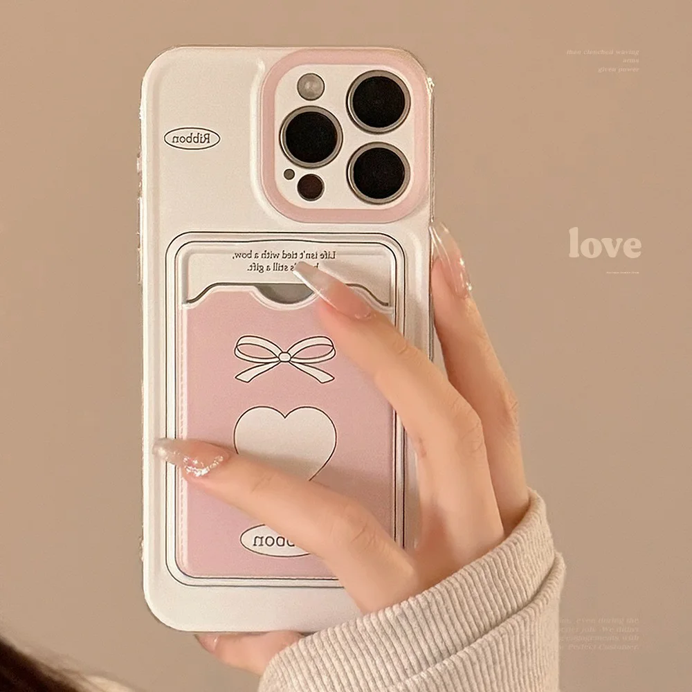 

Korean Pink Love Card Bag Suitable for Apple 17 Promax Phone Case Women iPhone 14 Niche 16 All Inclusive 13 Soft Case
