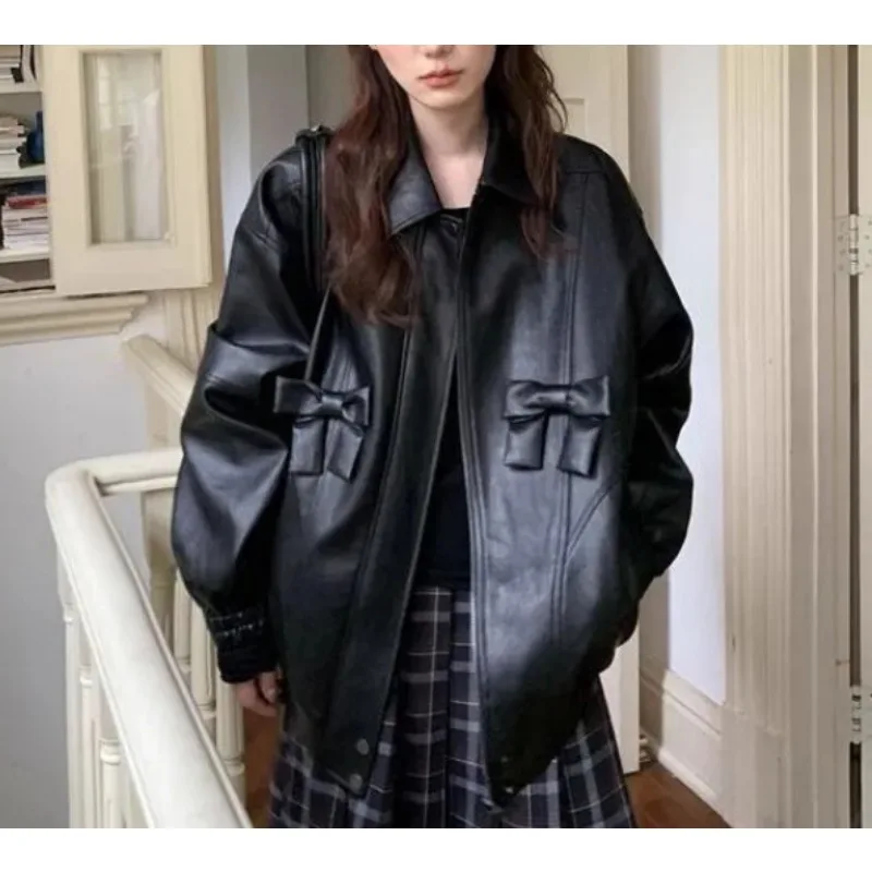 Bow Leather Jacket Zipper Commuter Lapel Bow Pattern Coat Women's 2025 Spring Fashion Girlish Jacket