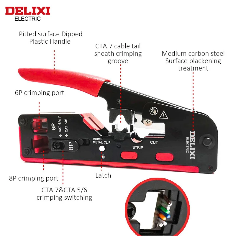 DELIXI ELECTRIC Network Plier，Universal Crimping Tool CAT5 CAT6 CAT7 RJ45 Pass Through All In One EZCrimp Tool For Rj11 R12 RJ45