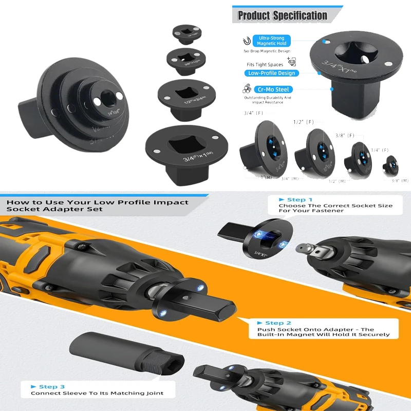 

1 комплект адаптеров для ударной отвертки, набор от 3/4 до 1 дюйма 1/2 дюйма до 3/4 дюйма от 3/8 дюйма до 1/4 дюйма, низкопрофильный редуктор для ручных инструментов, аксессуары для гаечных ключей