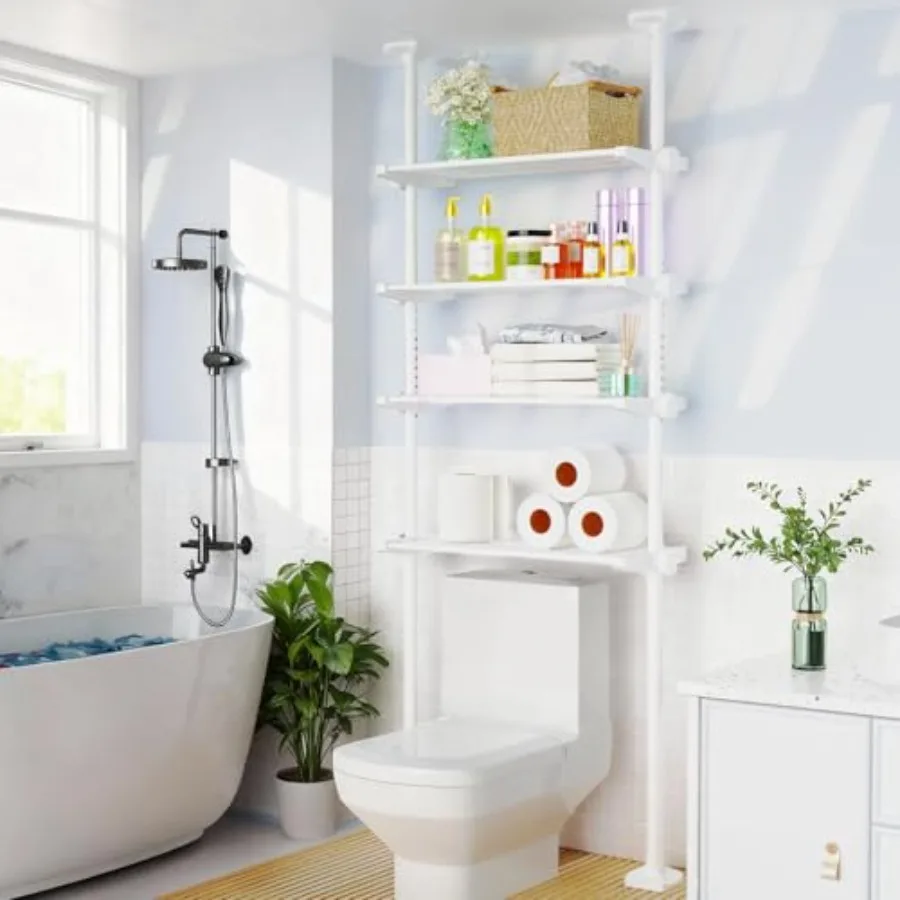 

Over The Toilet Storage Shelf 4-Tier Adjustable Bathroom Organizer Tension-Mounted White Shelving for Ceilings No Drill Space-S