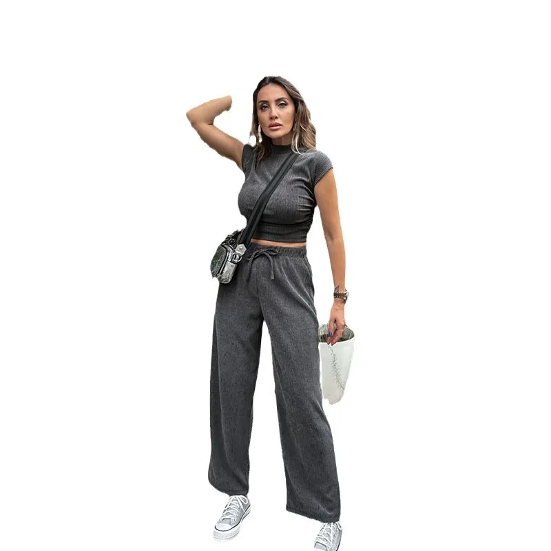 Women Pant Sets Pullover Shirts Short Sleeve Half High Collar Wide Leg Pants Drawstring Loose High Waist Casual Pockets