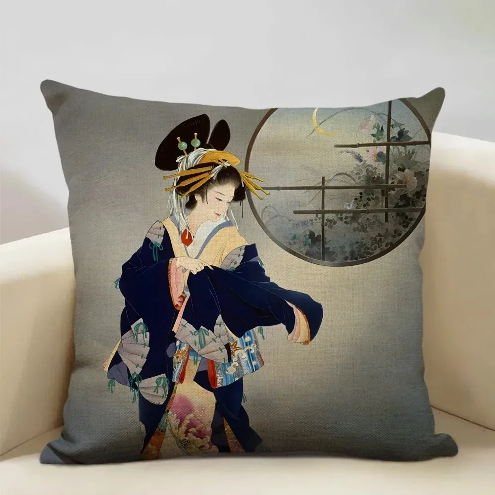Ukiyo-e Geisha Throw Pillow Covers Pattern Cushion Cover Suitable for Sofa Bedroom Car Pillow Cover