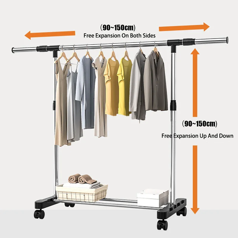 สแตนเลสเหล็กราวตาก Double Pole ยกเสื้อผ้า Telescopic Mobile ไม้แขวนผ้าห้องนอนที่แขวนโค้ท