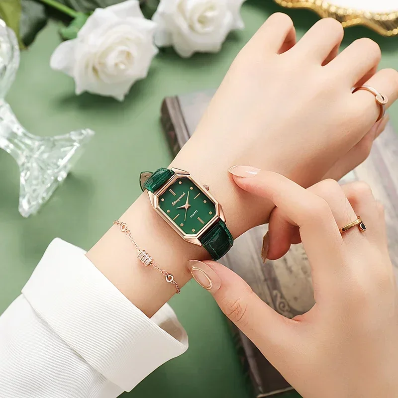 Brand Women Watches Fashion Square Ladies Quartz Watch Bracelet Green Dial Simple Rose Gold Dial Mesh Luxury Women Watches