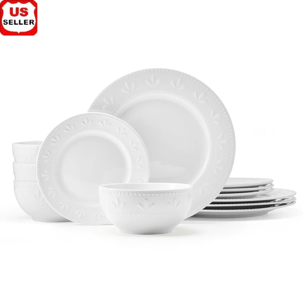 

12-Piece Embossed Porcelain Dinnerware Set Dishwasher Microwave Safe Tableware Everyday Dining Casual Entertaining