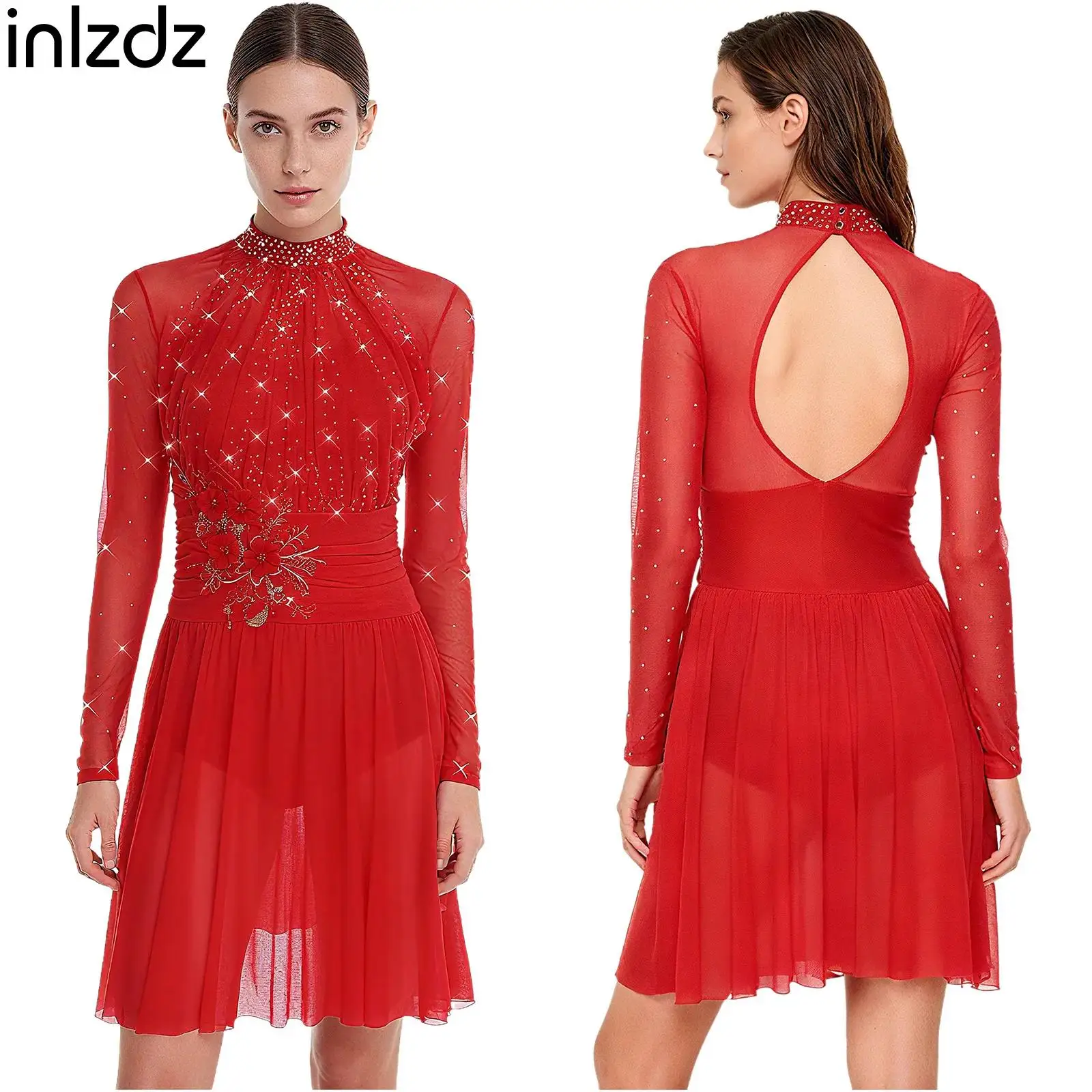 

Womens Embroidery Applique Rhinestones Long Sleeve Ruched Dress Lyrical Modern Dance Dresses Gymnastics Figure Skating Clothes
