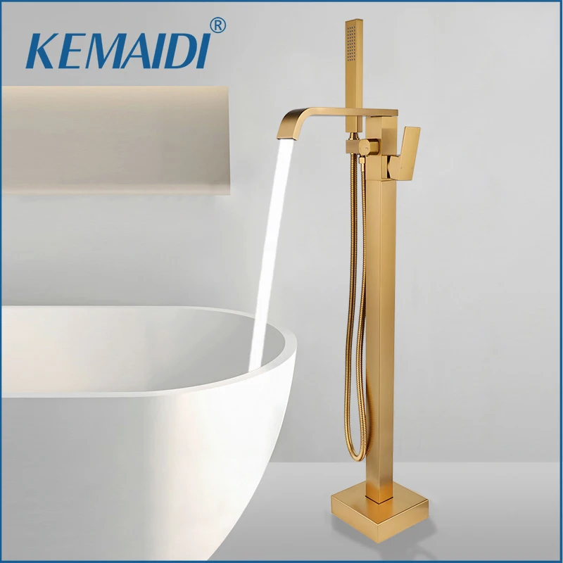 

KEMAIDI Brushed Gold Freestanding Bathtub Faucet Floor Tub Filler 1 Handle Brass Tap W/ 360 Degree Swivel Spout Shower Systerm