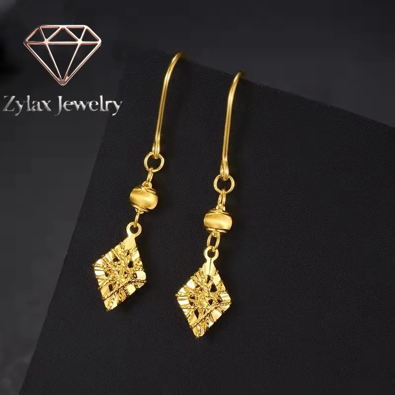 Zylax Jewelry Women's 24K Gold AU999 Hollow Diamond Geometric Mesh Earrings | 3D diamond array, eye-catching for formal events