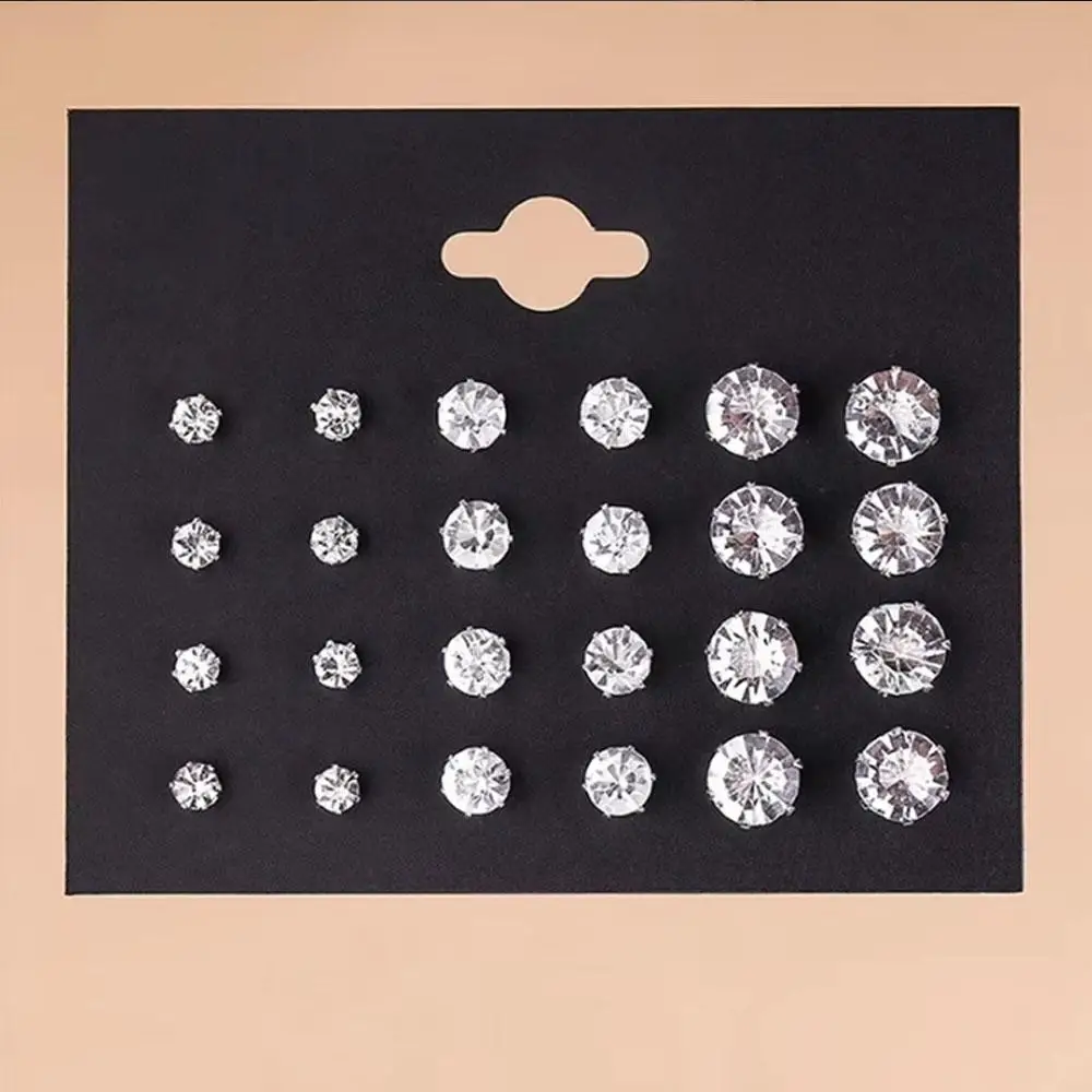 12Pairs New Pack White Shiny Wedding Stud Earrings Set For Women Men Crystal Earrings Fashion Jewelry Accessories Party Gifts