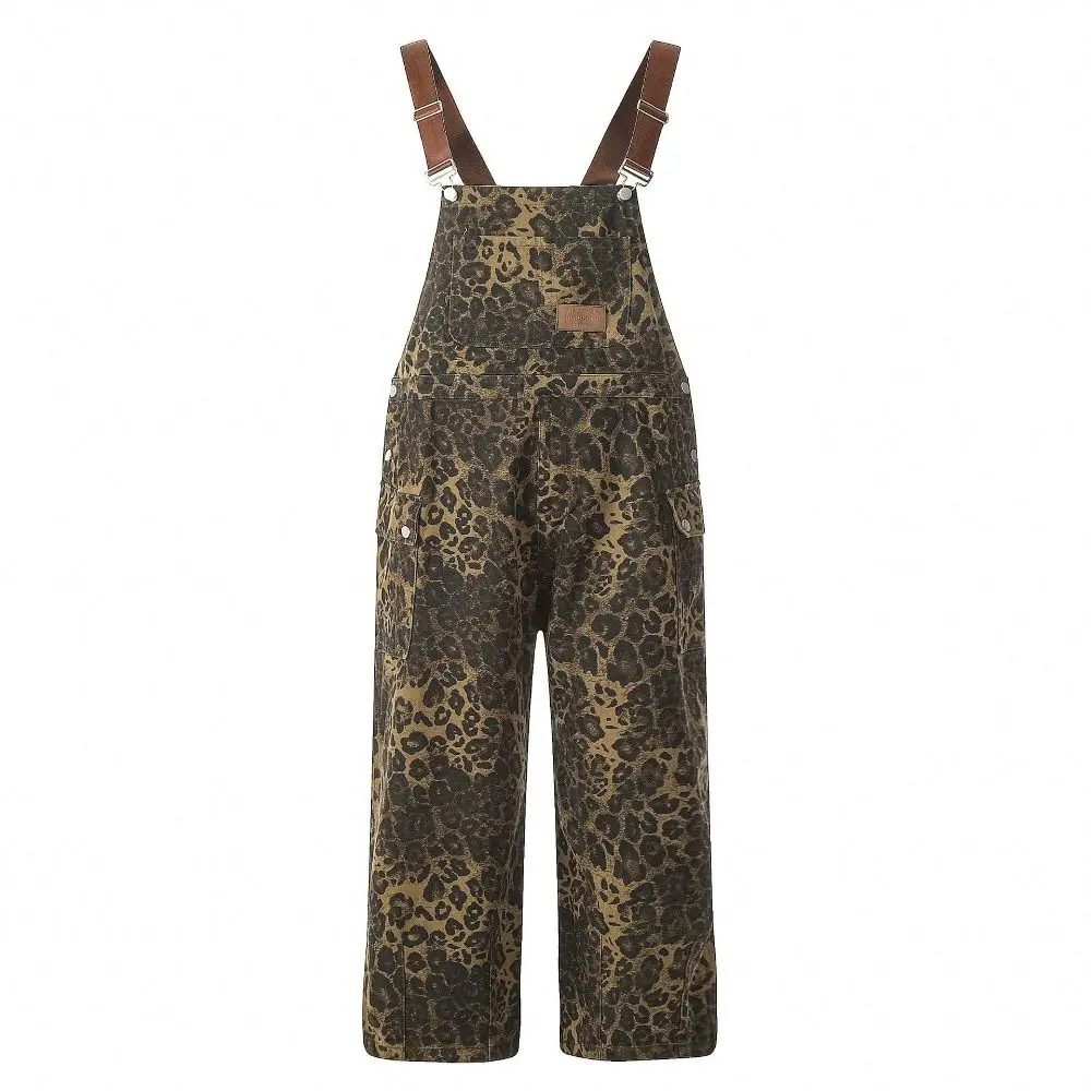 Moda baggy leopardo impressão macacão perna larga cintura alta macacão feminino y2k retro perna reta leopardo impressão calças senhora