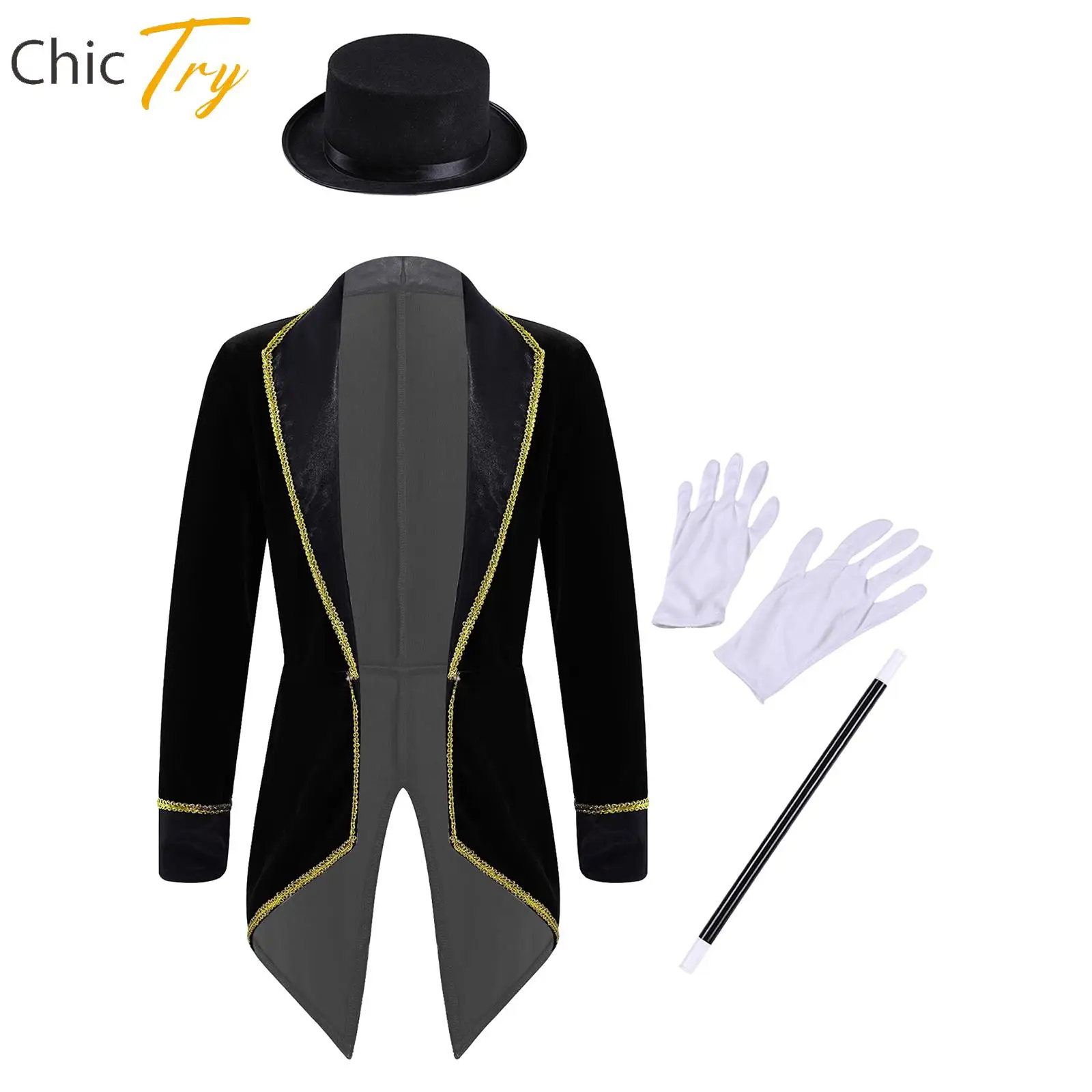 

Kids Circus Costume Set for Girls Long Sleeve Lapel Tailcoat with Hat Magic Wand Gloves Halloween Cosplay Party Performance Suit