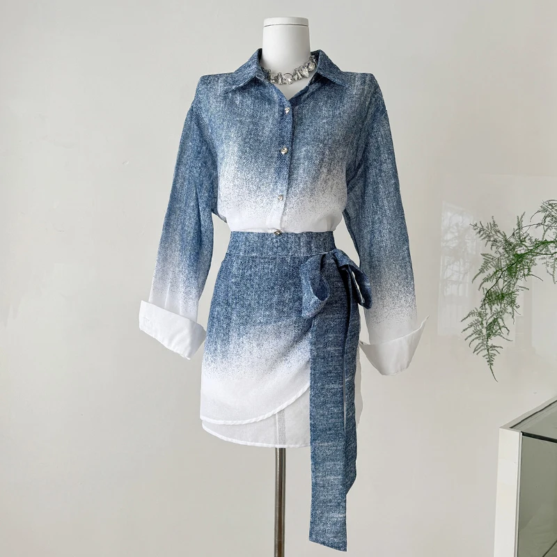 

2025 Two-Piece Skirt Suits Women Turn-Down Collar Long Sleeve Single-Breasted Shirts Fashion High Waist Bow Mini Skirt Female