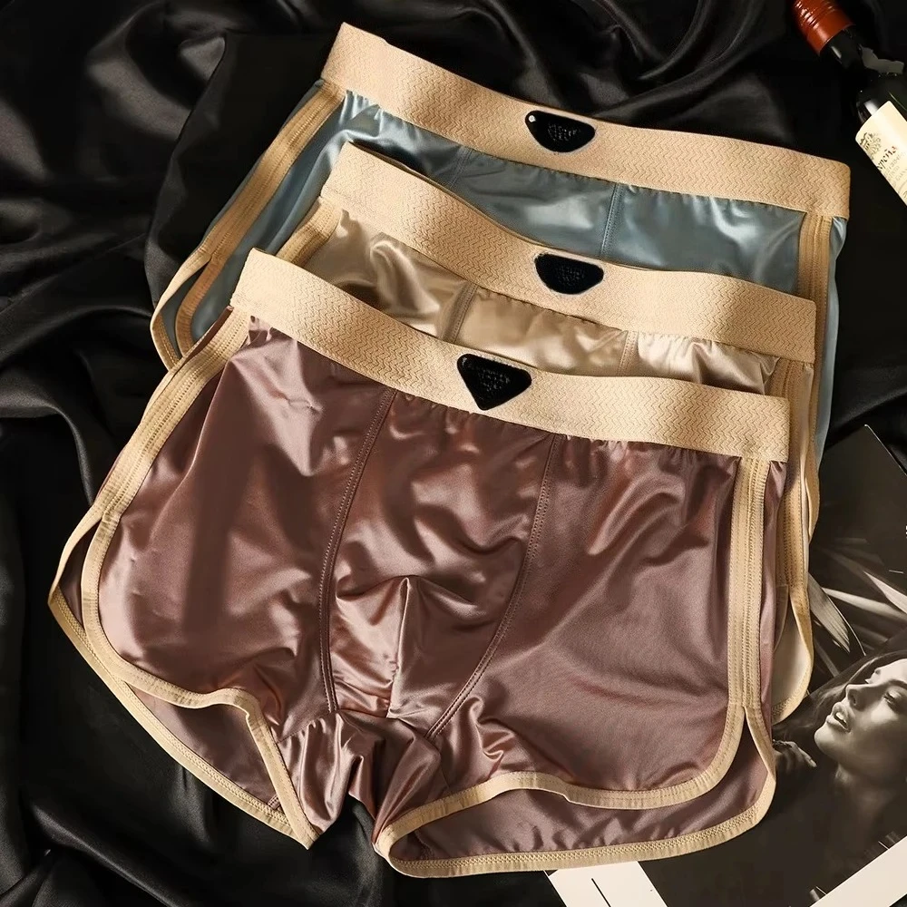 

3Pcs Men's Ice Silk Satin Boxers, Breathable High Elastic Underwear