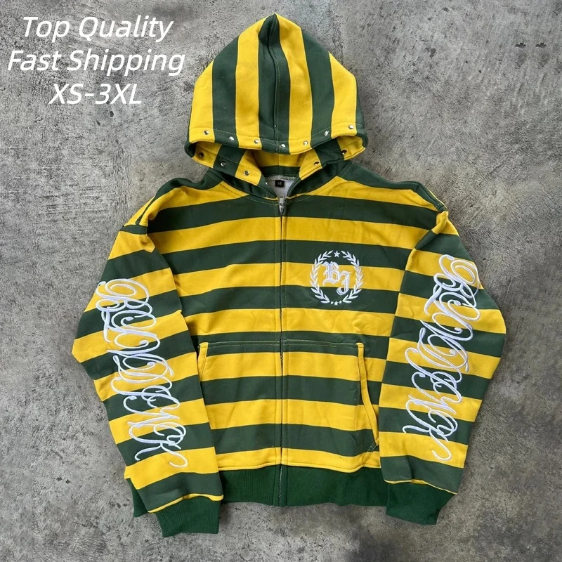Y2K Street Kid Zip Up Hoodie Streifen Nieten Stickerei Muster Sweatshirt Neue Männer Hip Hop Mode Streetwear Unisex Boxy Kleidung