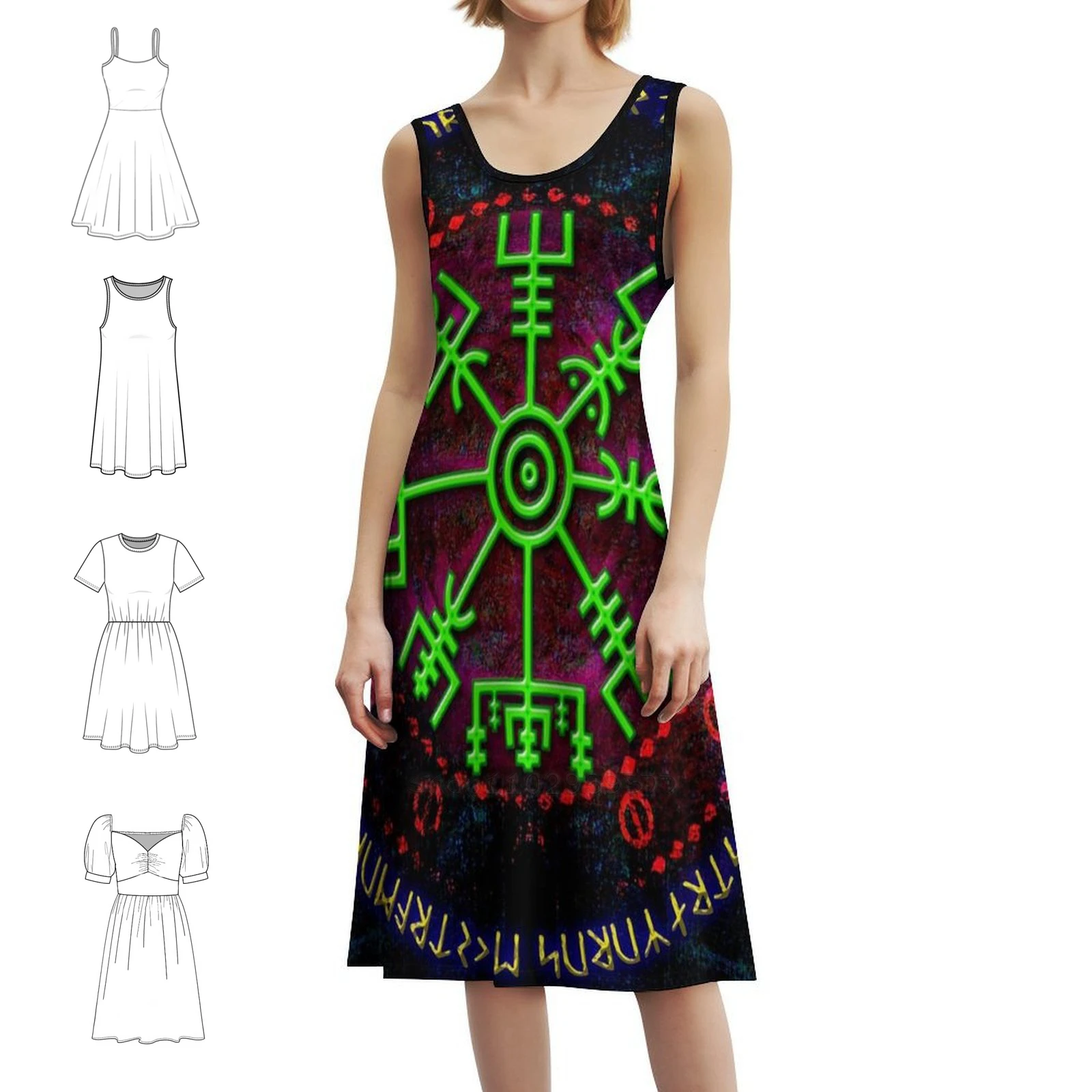 Vegvisir 07 B فستان حفلات نسائي ملابس الشارع الشهير ملابس نادي مطبوعة عصرية للإناث Vegvisir Rune رمز سحري باقان أنثى