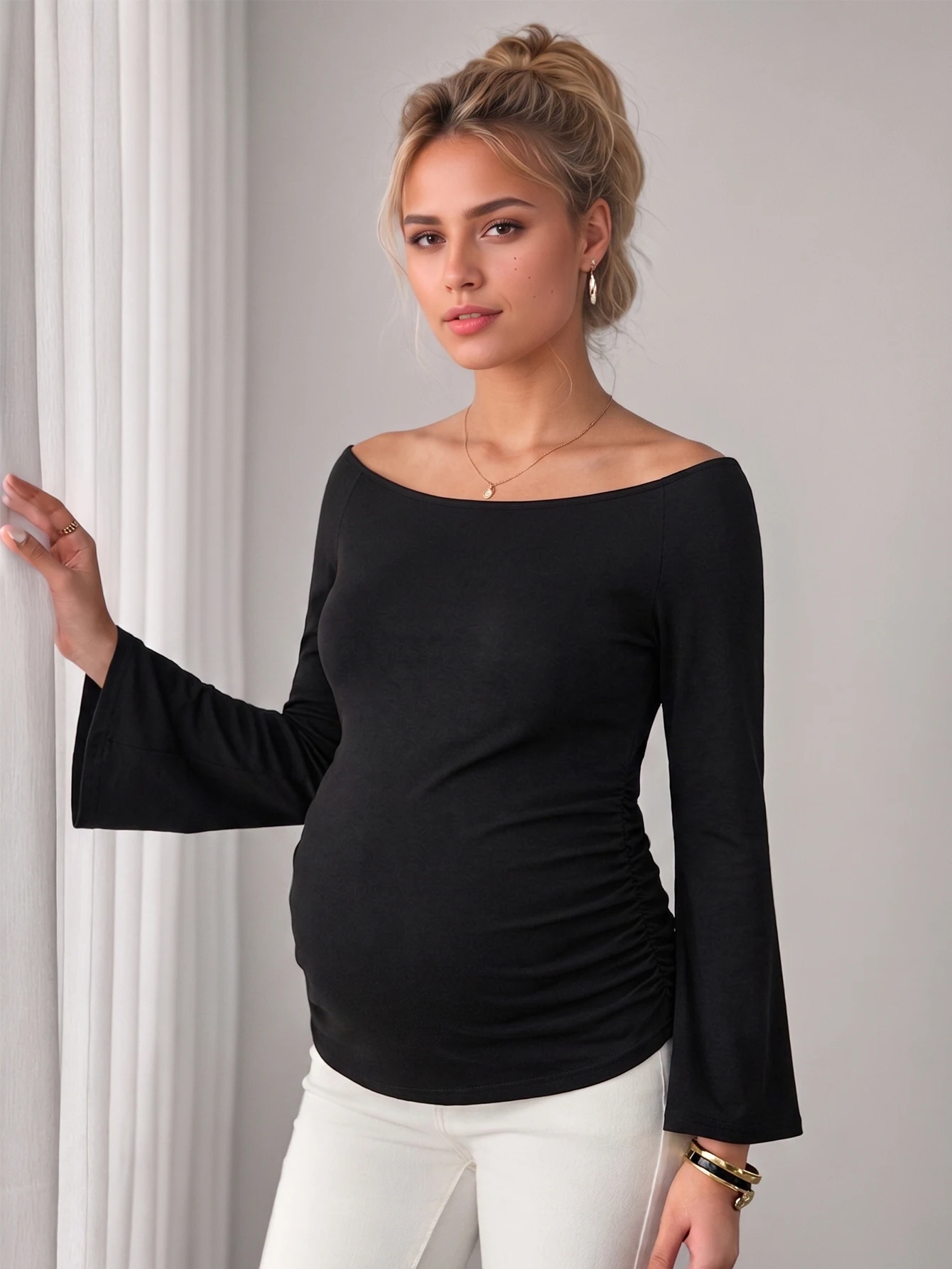 Elegant and Cute Maternity Long‑Sleeve Blouse with Flared Sleeves, Black Top, Women's Casual Maternity Wear for Autumn and Winter