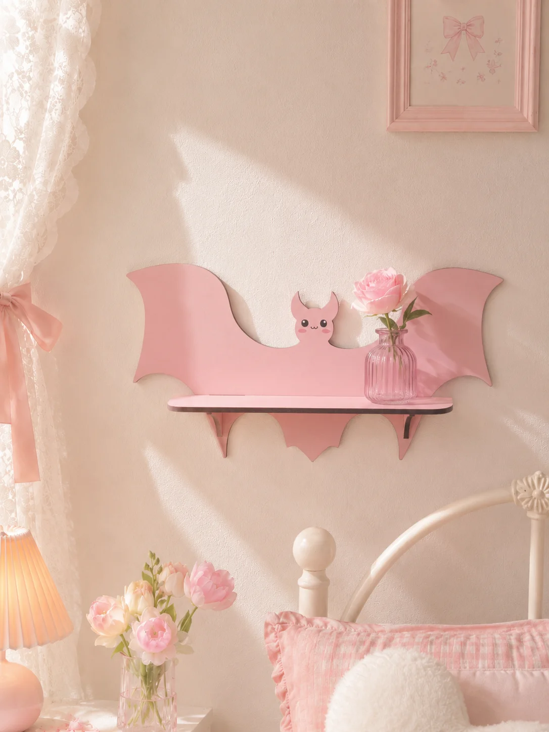 Cute Pink Bat Wall Shelf, Floating Wall Mount Rack, Aesthetic Bedroom Display Shelf, Gothic Pastel Room Decor for Small Ornament