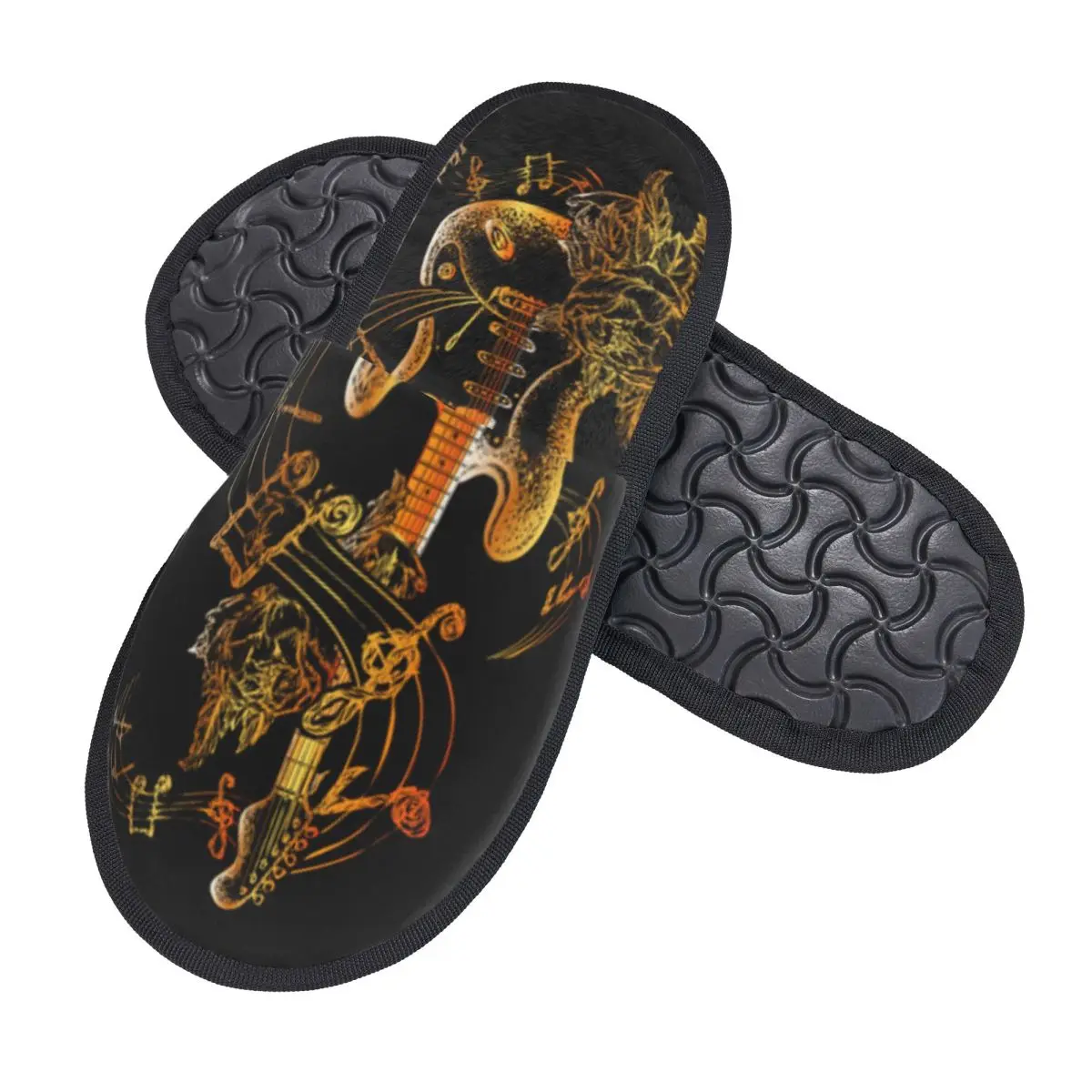 Plush Indoor Slippers Electric Guitar Roses And Music Notes Warm Soft Shoes Home Footwear Autumn Winter