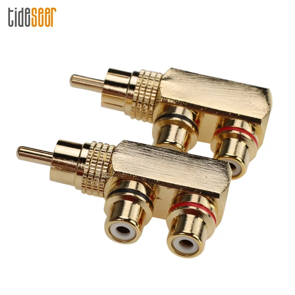 100pcs Gold Plated Copper RCA Audio F Splitter Plug Adapter Converter 1 Male to 2 Female Connector