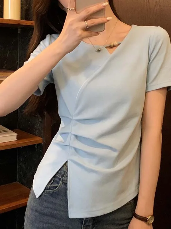 

Summer New Style Young Looking Slimming Design Hollow out Simple Korean Style plus Size Women's Short Sleeve T-Shirt