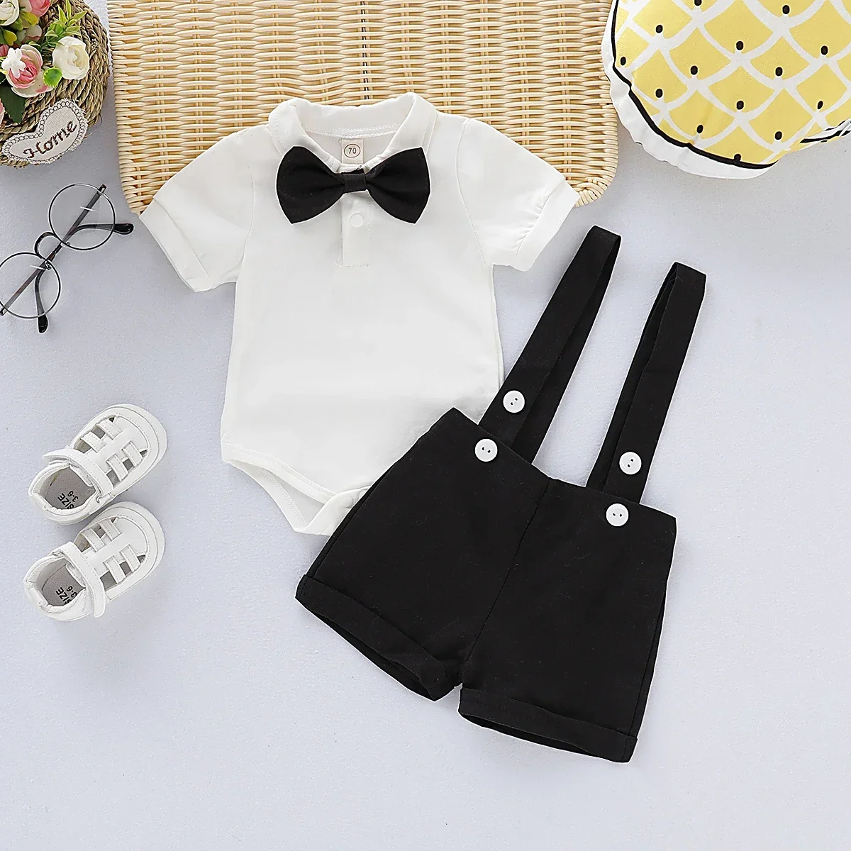 2PCS Summer Newborn Boy Gentlemen Clothes Set Bowtie Short Sleeve Cotton Romper+Suspender Pant Wear for Toddler Boy 0-24 Months