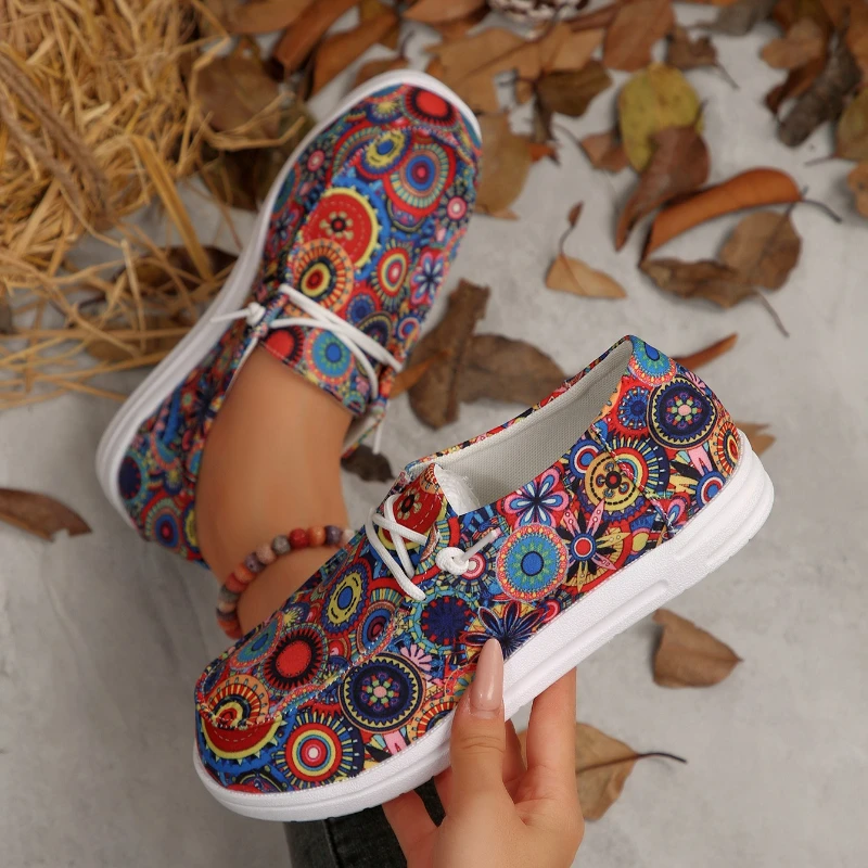 

Женские кроссовки, парусиновая обувь с цветочным принтом, легкая повседневная обувь без шнуровки с круглым носком, женские удобные прогулочные кроссовки на плоской подошве