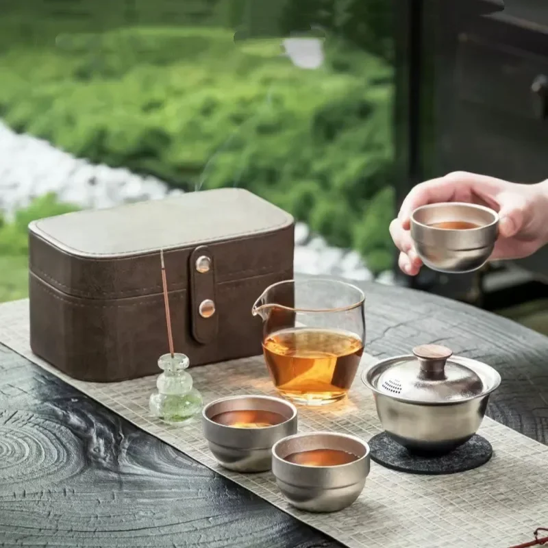 Portable Pure Titanium Travel Tea Set Outdoor Camping Teapot with Infuser Lightweight Heat Resistant Brewing Cup for Hiking