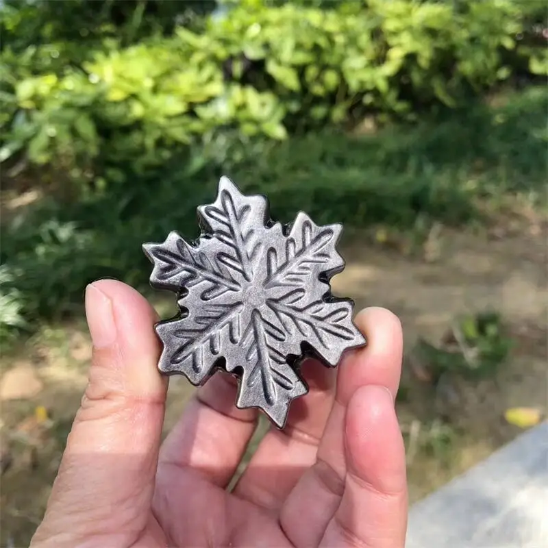 5.6CM Natural Silver Obsidian Snowflake Carving Figurine Ornament Feng Shui Home Decor Stone Holiday Gift 1pcs