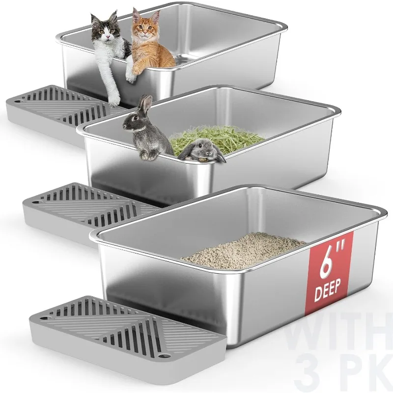 

3 Pack 19.6"x13.7"x6" Stainless Steel Litter Box with 26L Litter Capacity, High Sides Large Cat Litter Box for Multi-Cats,