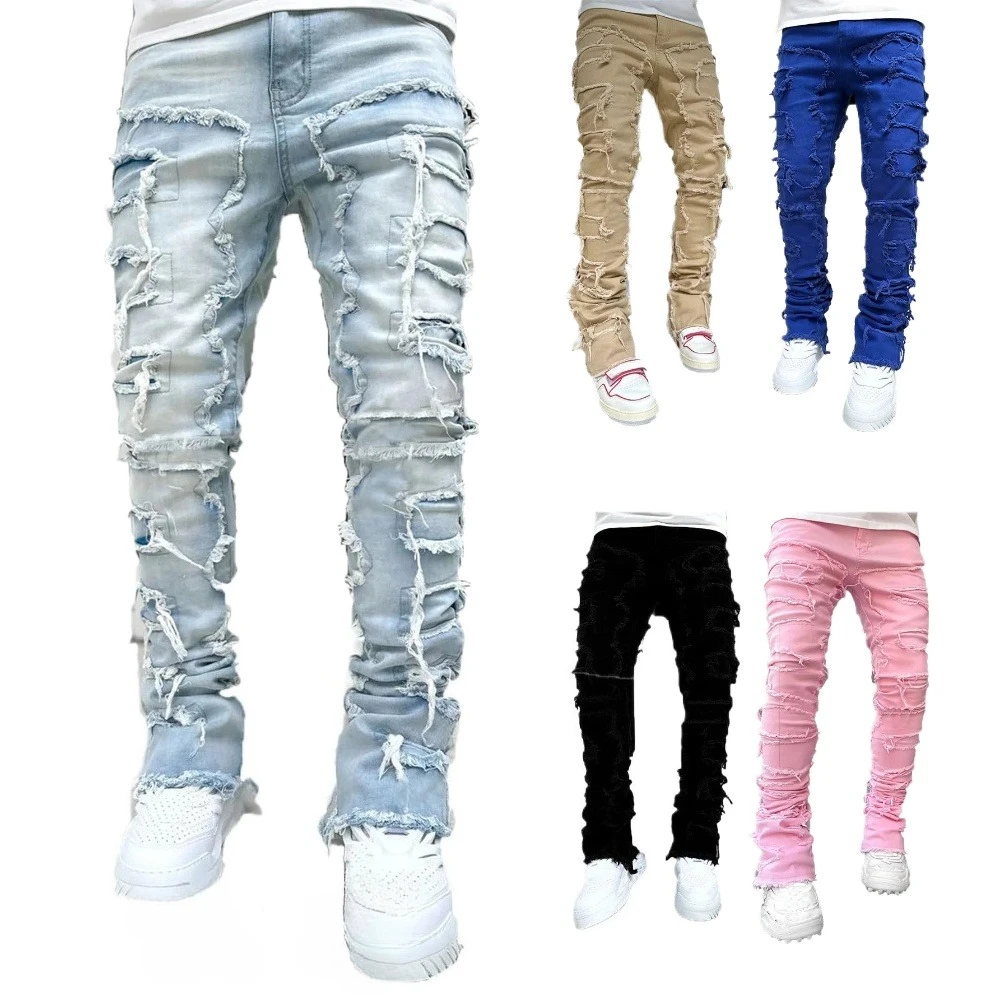 Men's Regular Fit Stacked Jeans Ripped Slim Fit Patch Distressed Destroyed Straight Denim Pants Hip Hop Streetwear Trousers